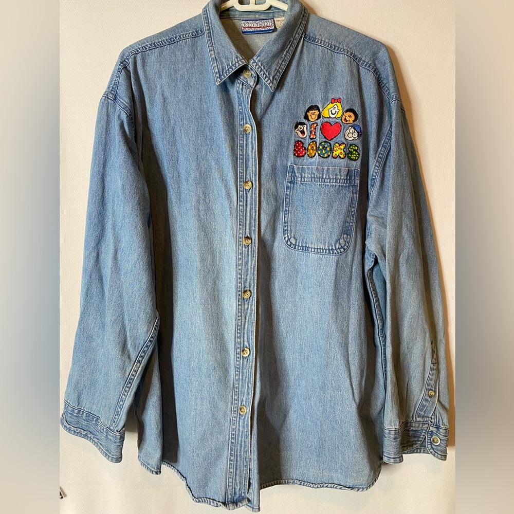 “I Love Books” Long Sleeve Denim Shirt 3XL